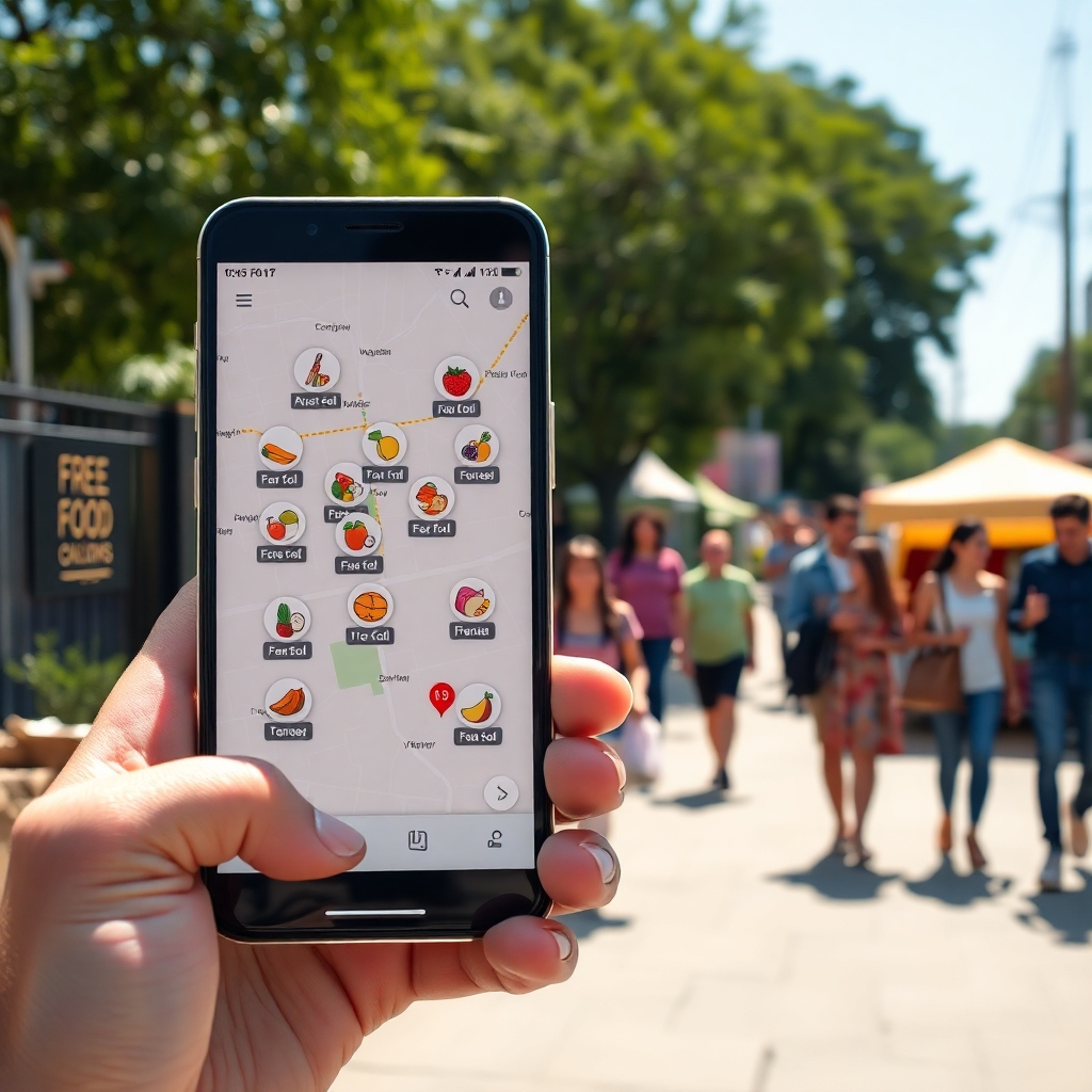 A digital map on a smartphone screen displaying various food icons representing free food options across a neighborhood. In the background, a diverse group of people, including families and individuals, happily walking towards a food distribution point, with a bright, sunny day.