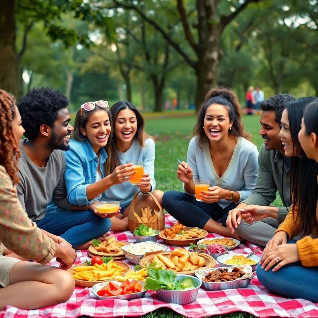 A group of diverse people joyfully sharing a meal outdoors in a park, with colorful, appetizing food spread on a picnic blanket. The scene should be lively, with laughter and conversation, emphasizing the joy of bonding over free food.