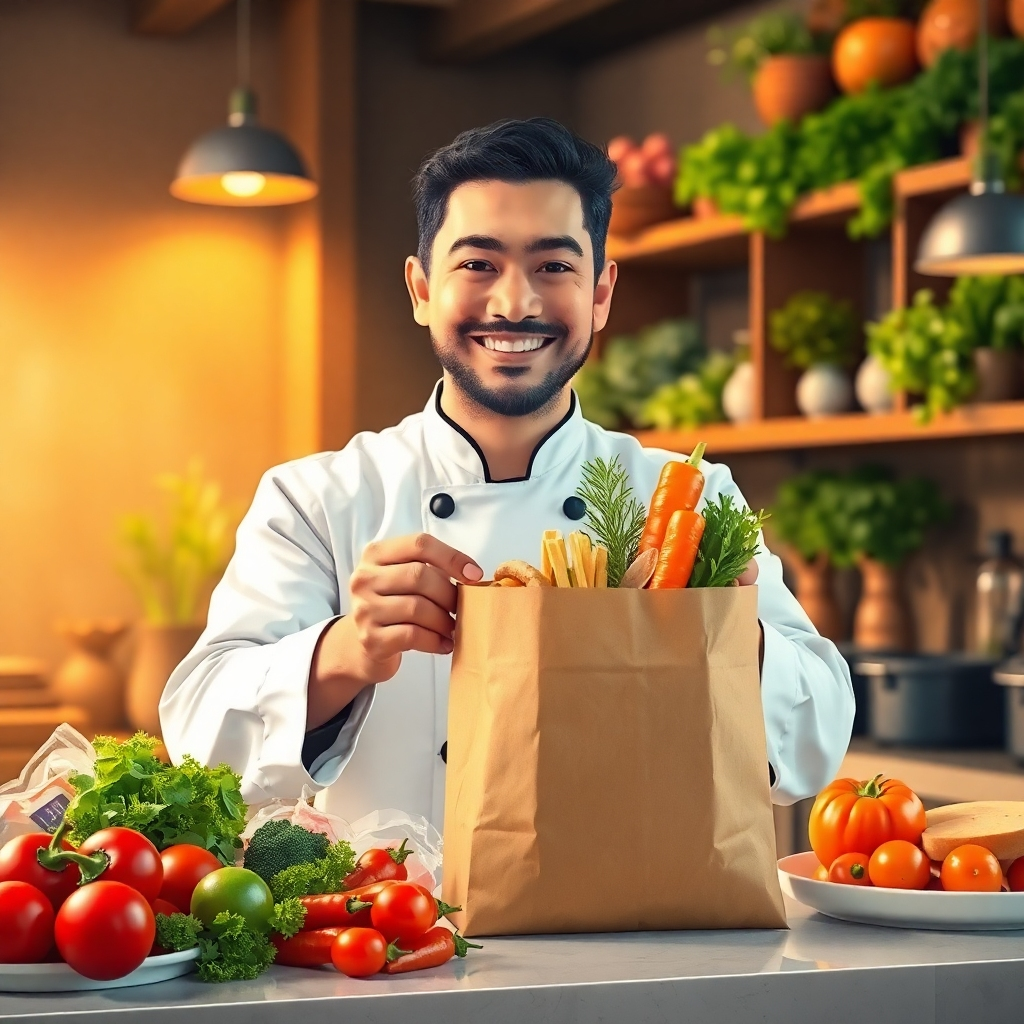 Illustrate an inviting scene featuring a chef behind a counter preparing a takeaway bag filled with delicious food, emphasizing the concept of food reservation. Soft, warm ambient lighting highlights the freshness of colorful ingredients and the chef's cheerful expression. The color palette should include rich reds, greens, and golden browns to evoke warmth and vibrancy. A close-up shot focusing on the chef’s hands expertly placing a variety of foods into a stylish, eco-friendly bag should be captured. Texture details should showcase the glossy finish of the vegetables and the paper-like feel of the bag. The background should feature a rustic kitchen ambiance with wooden shelves filled with various culinary herbs, creating a homely atmosphere. Style references should include a combination of lifestyle photography and food styling. Specifications should ensure 8K resolution with ultra-detailed elements, emphasizing the joy of food preparation.